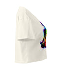 Natural women's cotton crop top, with original luminous rainbow chakra meditation silhouette printed on the front.