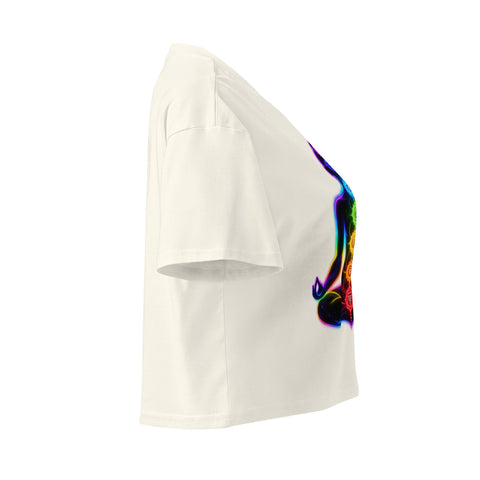 Natural women's cotton crop top, with original luminous rainbow chakra meditation silhouette printed on the front.