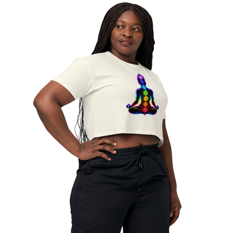 Natural women's cotton crop top, with original luminous rainbow chakra meditation silhouette printed on the front.