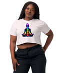 Orchid women's cotton crop top, with original luminous rainbow chakra meditation silhouette printed on the front.