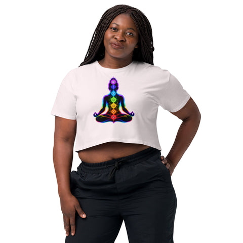 Orchid women's cotton crop top, with original luminous rainbow chakra meditation silhouette printed on the front.
