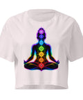 Orchid women's cotton crop top, with original luminous rainbow chakra meditation silhouette printed on the front.