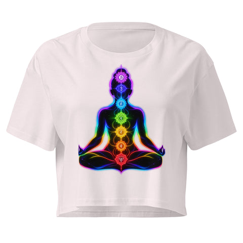 Orchid women's cotton crop top, with original luminous rainbow chakra meditation silhouette printed on the front.