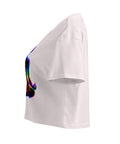 Orchid women's cotton crop top, with original luminous rainbow chakra meditation silhouette printed on the front.