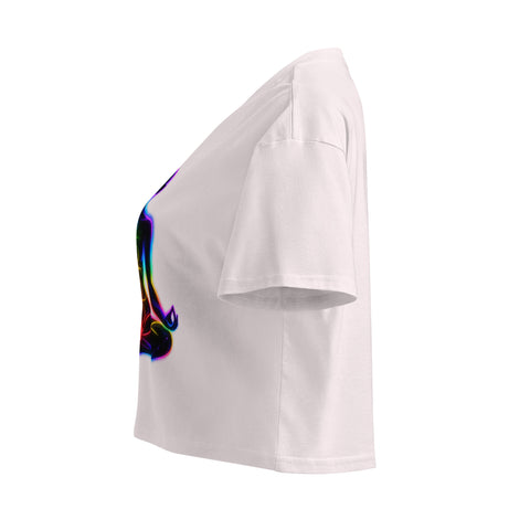 Orchid women's cotton crop top, with original luminous rainbow chakra meditation silhouette printed on the front.