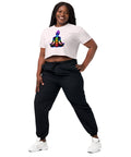 Orchid women's cotton crop top, with original luminous rainbow chakra meditation silhouette printed on the front.