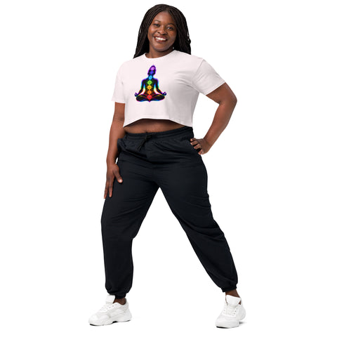 Orchid women's cotton crop top, with original luminous rainbow chakra meditation silhouette printed on the front.
