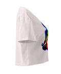 Orchid women's cotton crop top, with original luminous rainbow chakra meditation silhouette printed on the front.