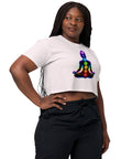 Orchid women's cotton crop top, with original luminous rainbow chakra meditation silhouette printed on the front.