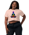 Pale Pink women's cotton crop top, with original luminous rainbow chakra meditation silhouette printed on the front.