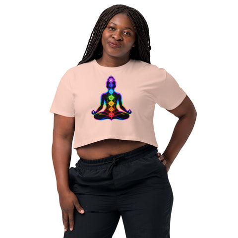 Pale Pink women's cotton crop top, with original luminous rainbow chakra meditation silhouette printed on the front.