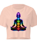 Pale Pink women's cotton crop top, with original luminous rainbow chakra meditation silhouette printed on the front.