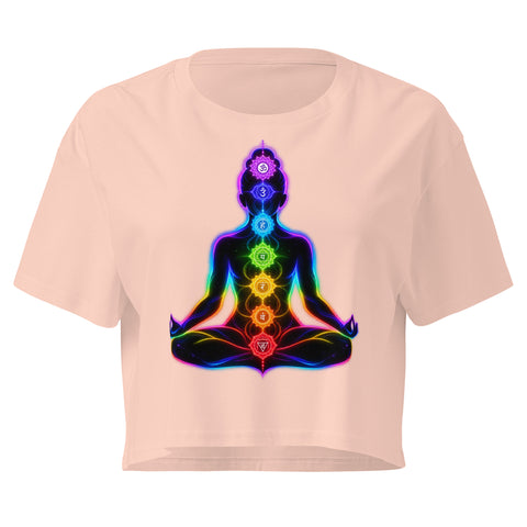 Pale Pink women's cotton crop top, with original luminous rainbow chakra meditation silhouette printed on the front.