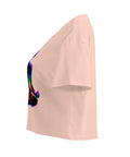 Pale Pink women's cotton crop top, with original luminous rainbow chakra meditation silhouette printed on the front.