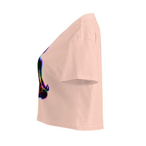 Pale Pink women's cotton crop top, with original luminous rainbow chakra meditation silhouette printed on the front.