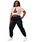 Pale Pink women's cotton crop top, with original luminous rainbow chakra meditation silhouette printed on the front.