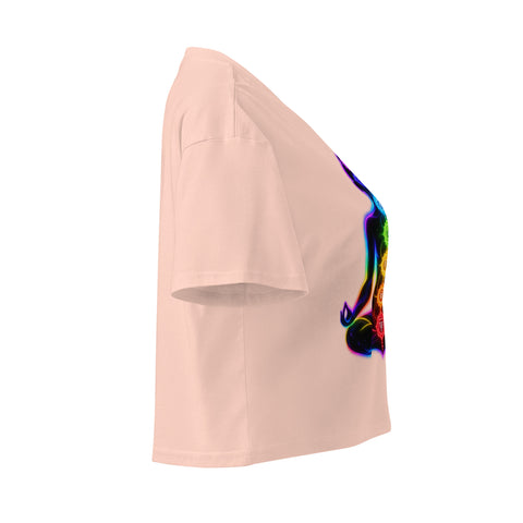 Pale Pink women's cotton crop top, with original luminous rainbow chakra meditation silhouette printed on the front.