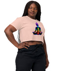Pale Pink women's cotton crop top, with original luminous rainbow chakra meditation silhouette printed on the front.