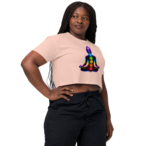 Pale Pink women's cotton crop top, with original luminous rainbow chakra meditation silhouette printed on the front.