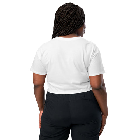 White women's cotton crop top, plain back view.