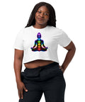 White women's cotton crop top, with original luminous rainbow chakra meditation silhouette printed on the front.