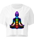 White women's cotton crop top, with original luminous rainbow chakra meditation silhouette printed on the front.