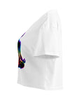 White women's cotton crop top, with original luminous rainbow chakra meditation silhouette printed on the front.