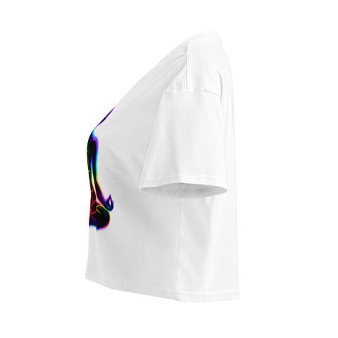 White women's cotton crop top, with original luminous rainbow chakra meditation silhouette printed on the front.