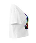 White women's cotton crop top, with original luminous rainbow chakra meditation silhouette printed on the front.