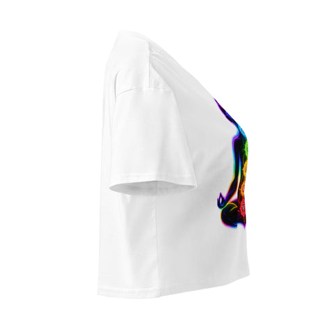 White women's cotton crop top, with original luminous rainbow chakra meditation silhouette printed on the front.