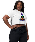 White women's cotton crop top, with original luminous rainbow chakra meditation silhouette printed on the front.