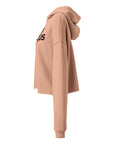 Stay Curious women’s Peach cropped hoodie, left side with plain sleeve and raw hem