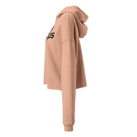 Stay Curious women’s Peach cropped hoodie, left side with plain sleeve and raw hem