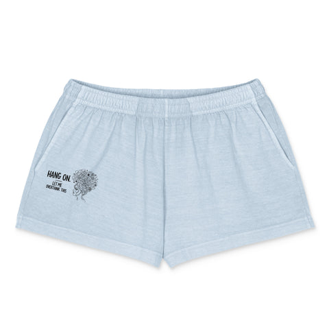 Light Washed Denim women’s garment-dyed cotton shorts – original Hang On, Let Me Overthink This graphic on the front right leg – ZIPZAPPA
