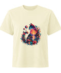 Buttermilk Sunset Cat women’s relaxed cotton tee with one colourful cat and sunset illustration on the front.
