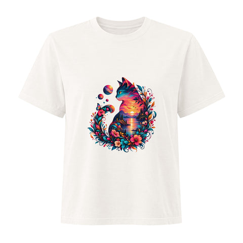 Vintage White Sunset Cat women’s relaxed cotton tee with one colourful cat and sunset illustration on the front.