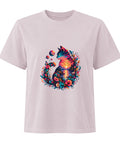 Washed Lavender Sunset Cat women’s relaxed cotton tee with one colourful cat and sunset illustration on the front.