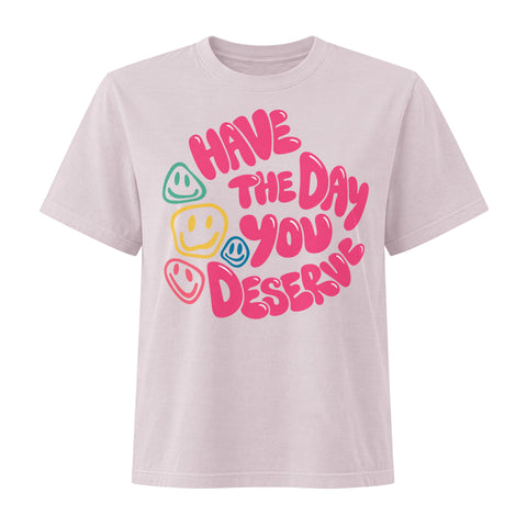 Washed Lavender women's heavyweight garment-dyed tee, front view with pink Have the Day You Deserve lettering and colourful smiley faces.