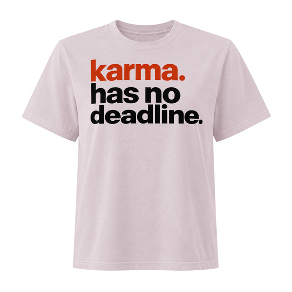 Karma Has No Deadline women's heavyweight garment-dyed tee in Washed Lavender – front with rust-orange and black lettering, product view 1