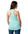Female model wearing a Cancun women's racerback tank, showing the plain back.