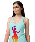 Female model wearing a Cancun women's racerback tank, showing the purple, red, orange and yellow classical dancer printed high on the front.