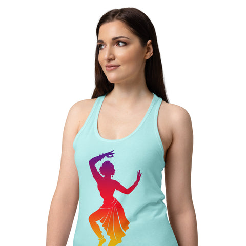 Female model wearing a Cancun women's racerback tank, showing the purple, red, orange and yellow classical dancer printed high on the front.