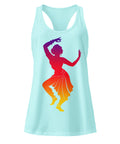 A Cancun women's racerback tank, showing the purple, red, orange and yellow classical dancer printed high on the front.