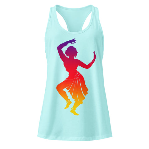A Cancun women's racerback tank, showing the purple, red, orange and yellow classical dancer printed high on the front.