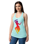 Female model wearing a Cancun women's racerback tank, showing the purple, red, orange and yellow classical dancer printed high on the front.