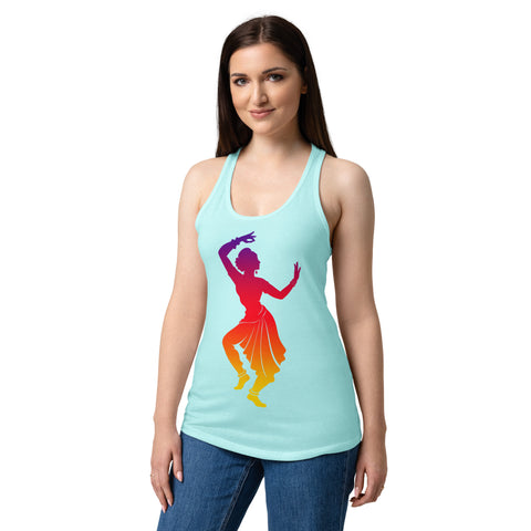 Female model wearing a Cancun women's racerback tank, showing the purple, red, orange and yellow classical dancer printed high on the front.