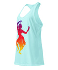 A Cancun women's racerback tank, showing the purple, red, orange and yellow classical dancer printed high on the front.
