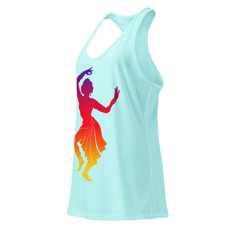 A Cancun women's racerback tank, showing the purple, red, orange and yellow classical dancer printed high on the front.