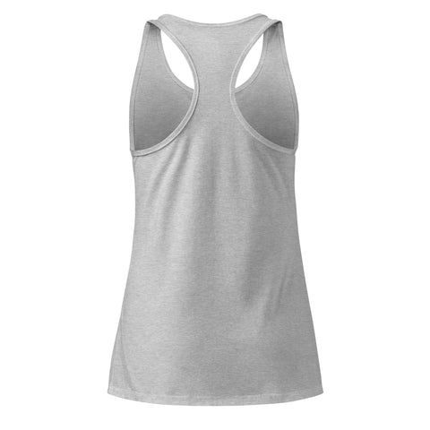 A Heather Gray women's racerback tank, showing the plain back.