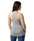 Female model wearing a Heather Gray women's racerback tank, showing the plain back.